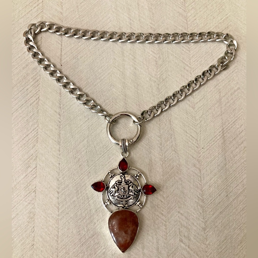 925 Sterling silver overlay orange brown agate & red garnet stones boho necklace - Picture 14 of 15